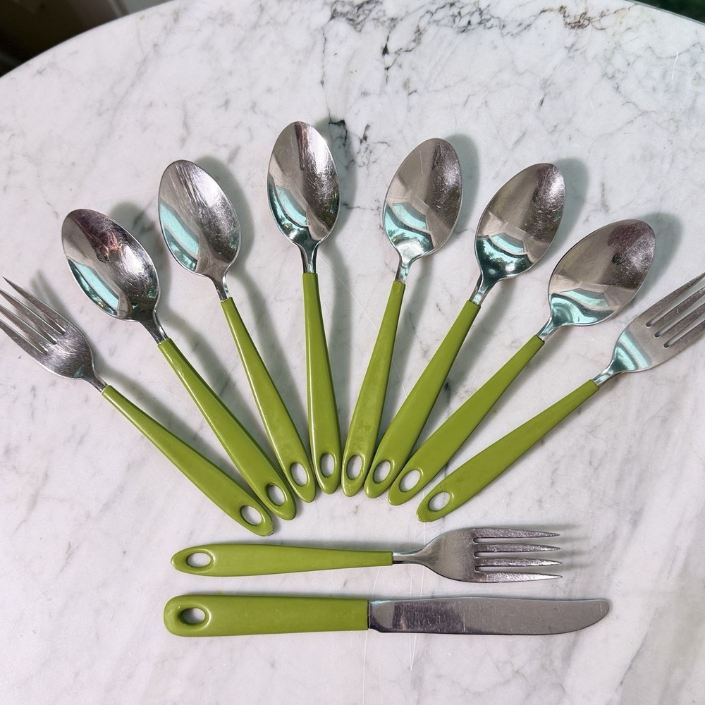 Vtg Imperial Stainless Flatware Spoons 1971 Avocado Green MCM USA 10 Pc Lot